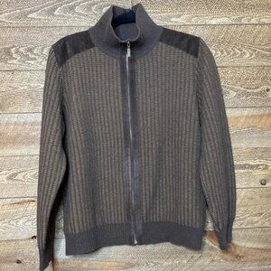 Men’s Moncler Italian Brown zipper front sweater with leather accents Size Large